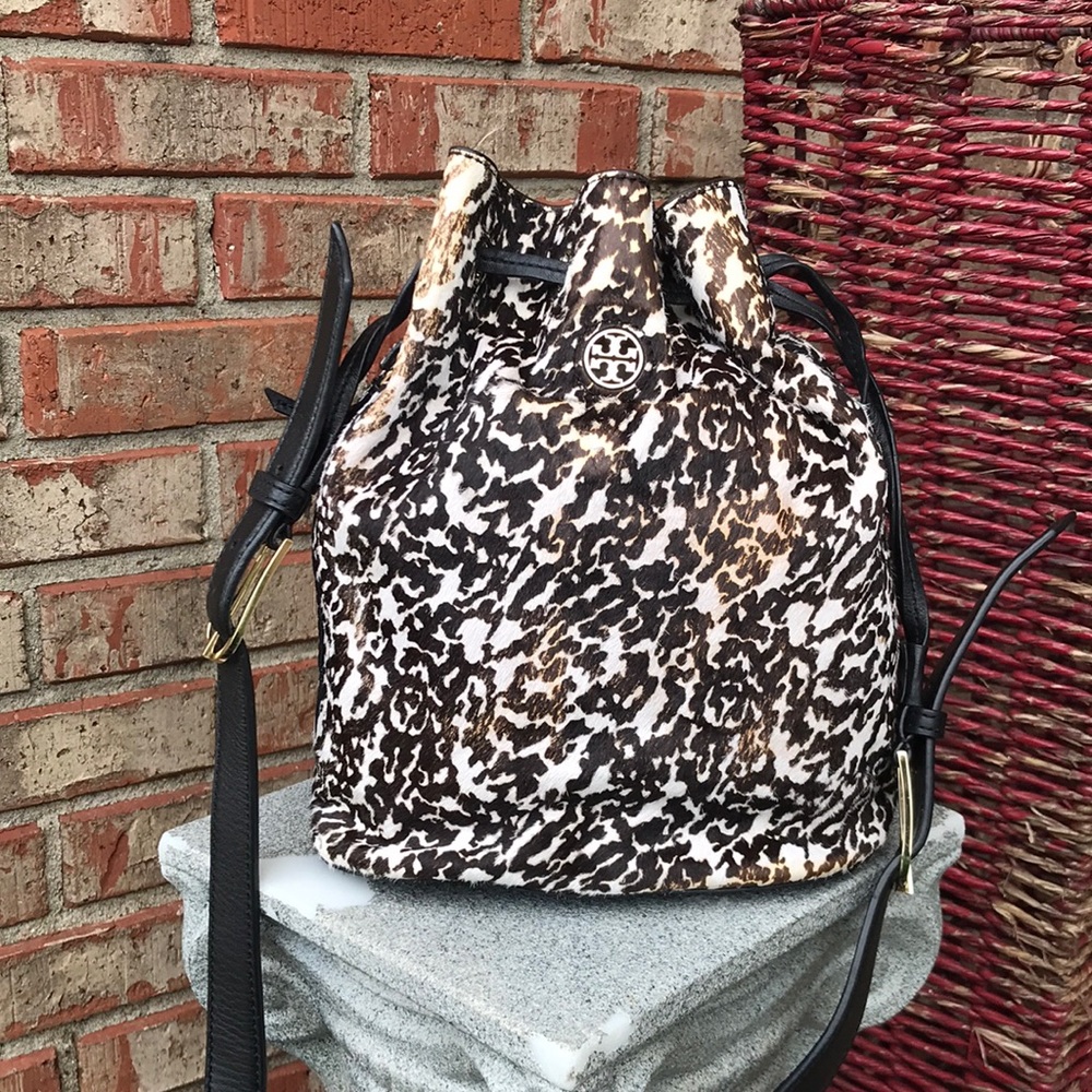 TORY BURCH Distressed Animal Print Dyed Haircalf Fur Bucket Purse